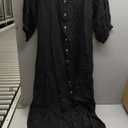 chouyatou Women Summer Long Sleeve Notch Neck Maxi Linen Shirt Dress Loose Button Down Tunic Shift Dress (Black, XS)