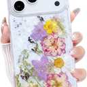for iPhone 17 Pro Clear Case with Pressed Real Flower Design, Cute Glitter Purple Floral Pattern Slim Soft TPU Shockproof Protective Women Girls Phone Cover for iPhone 17 Pro 6.3", Violet