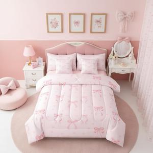 Erosebridal Pink Bow Comforter Set Princess Bowknot Bed in A Bag Twin Size 7 Pieces Girly Pink Bows Bed Set Room Decor Ribbon Bow Knot Bedding with Sheets