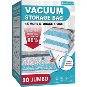 Vacuum Storage Bags, Vacuum Seal Space Saver Bags for Clothing, Travel Lugggage, Carry-on, Blankets, Pillow, Comforters, Bedding, 10 Jumbo