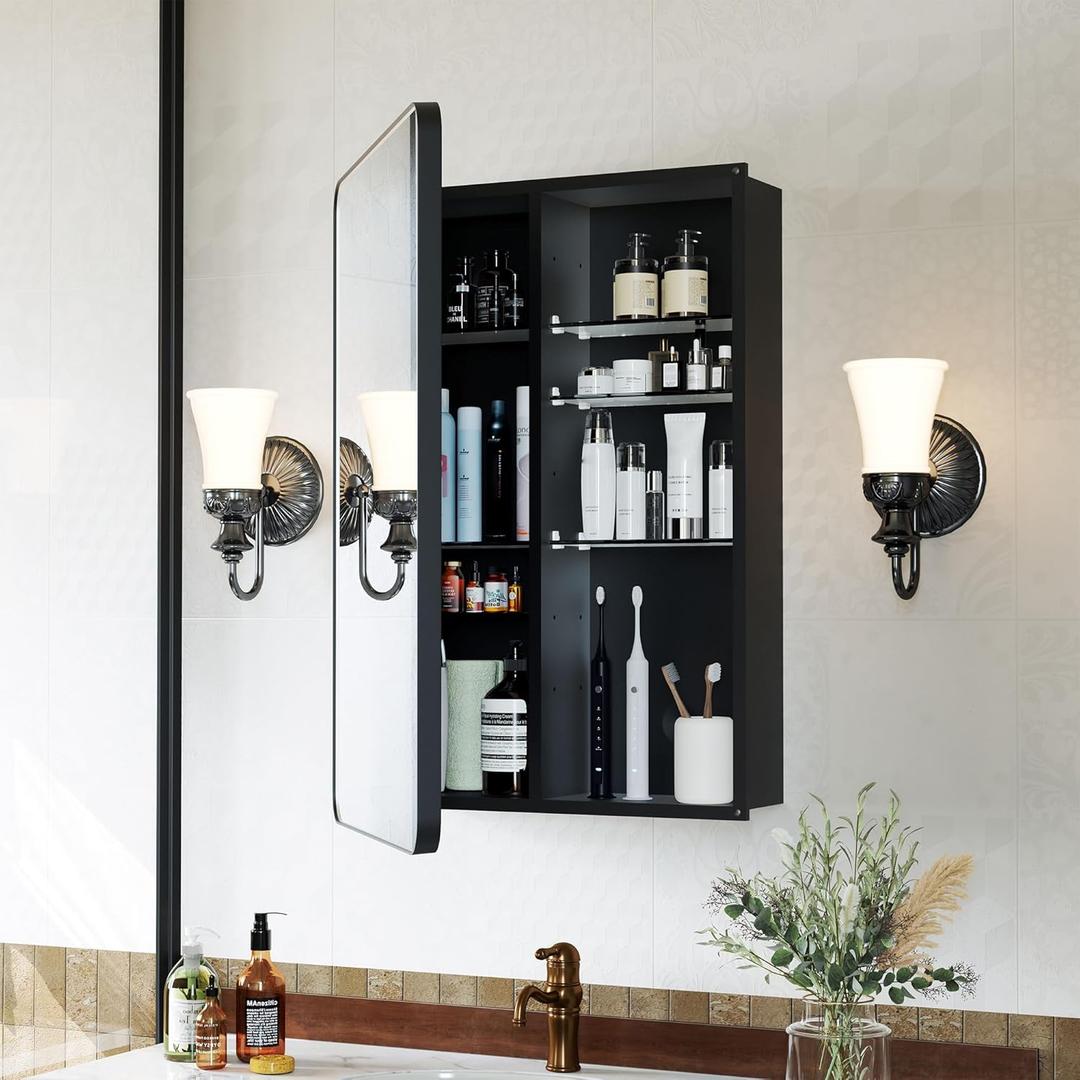 Recessed Medicine Cabinets for Bathroom with Mirror: 16x24 Wall Mount Mirrored Vanity Chest - 16 x 24 inch Small Storage Cabinet with Adjustable Shelves - Matte Black Frame (16" x 24", Black)