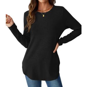 NORACORA Women Long Sleeve Shirts Loose Tunic Crew Neck Lightweight Side Split Casual 2026 Spring Trendy Basic Tshirts Blouse (Medium, Black)