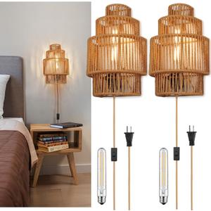 Plug-in Wall Sconces Set of 2, Handwoven Bohemian Wall Decor with Switch and Bulb, Wall Lights Fixtures for Bedroom Living Room Hallway Porch (Polygonal Shade - 2 Pack)