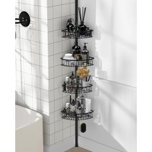 Corner Shower Caddy Tension Pole: Aluminum Shower Caddy Rod with Stainless Steel 4 Tier Adjustable Rustproof Shelves Organizer for Bathroom, 47-121 inch, No Drilling Quick Installation Heavy Duty (Black)