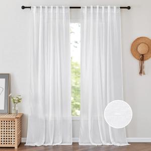 PONY DANCE White Sheer Curtains 96 inches Long - Living Room Window Treatments Natural Linen Blended Sheer Curtain Drapes for Bedroom, 52 Wide Each Panel, 2 Panels