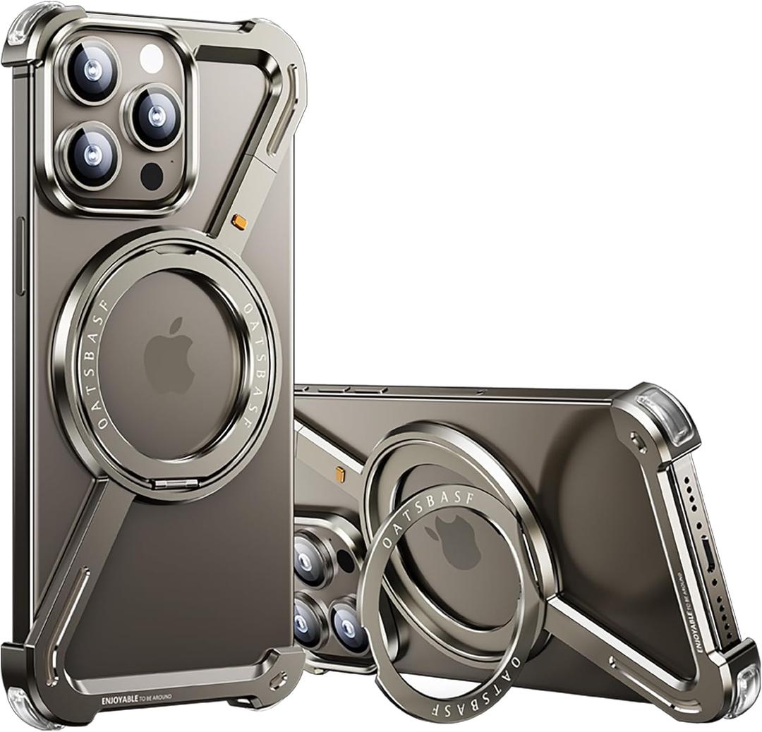 OATSBASF Minimalist Phone Case Compatible with iPhone 15 Pro Max 6.7", 360 Rotation Kickstand Aluminum Metal Frameless Design Bumper Z Case, Protective Shock Grade Shell, Natural Titanium