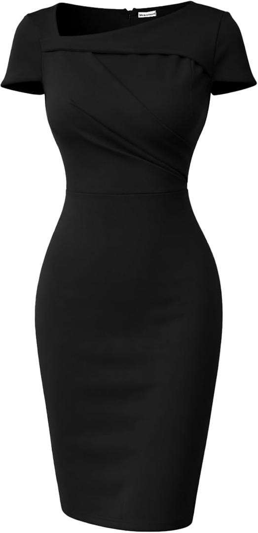 Memoriesea Women's Elegant Draped Neck Bodycon Ruched Cocktail Pencil Knee Midi Dress, L