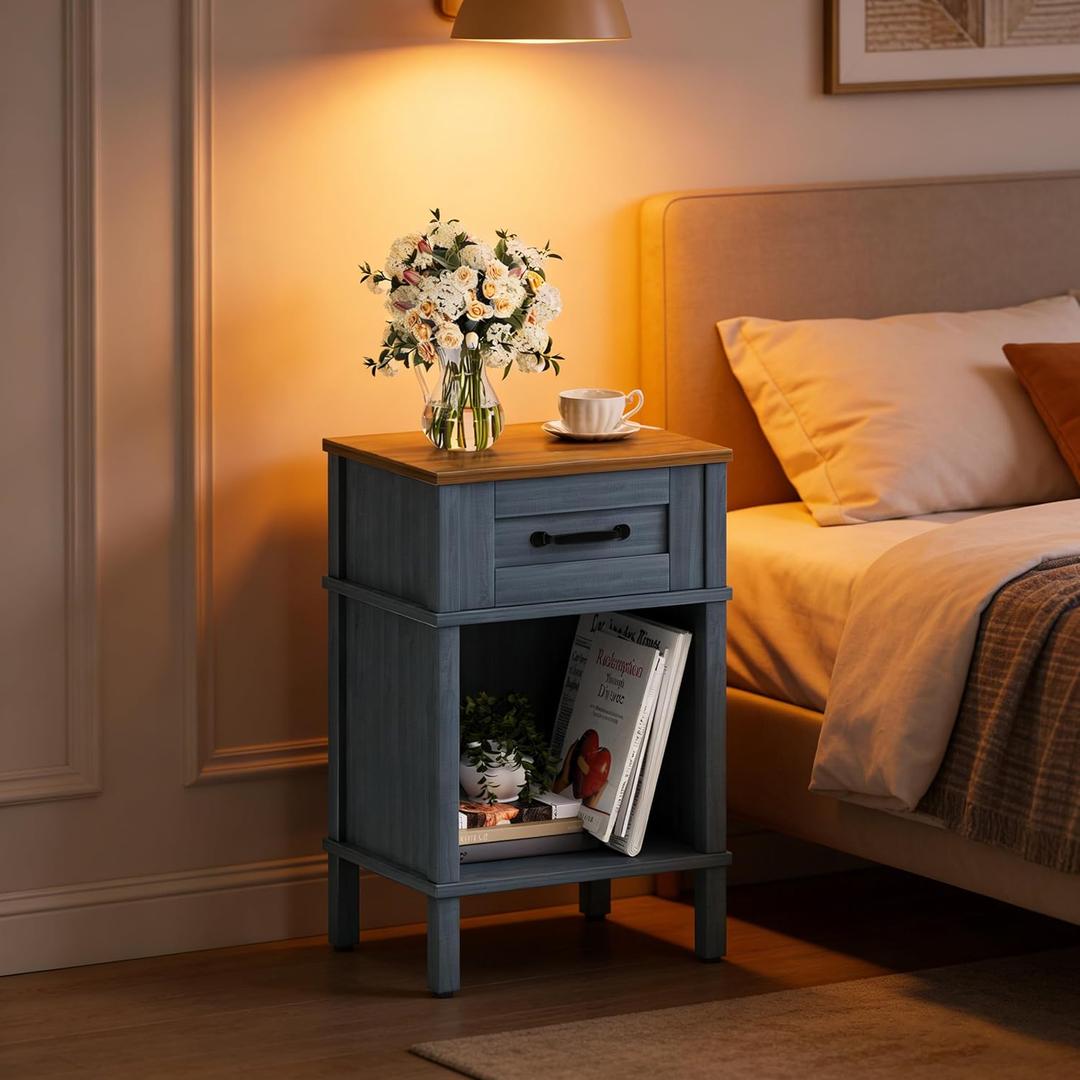 Small Farmhouse Nightstand, Wood Night Stand Set, End Table with Drawer, Small Rustic Wooden Bedside Table, Bed Side Table for Bedroom, Blue end Table with Storage for Bedroom LET512LR