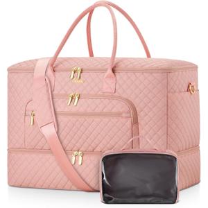 Travel Duffle Bag, Wide Open Large Weekender Bag for Women with Shoe Compartment, Carry on Overnight Bags with Toiletry Bag, Hospital Bag for Women Labor Delivery with Wet Pocket (Pink) (45L)