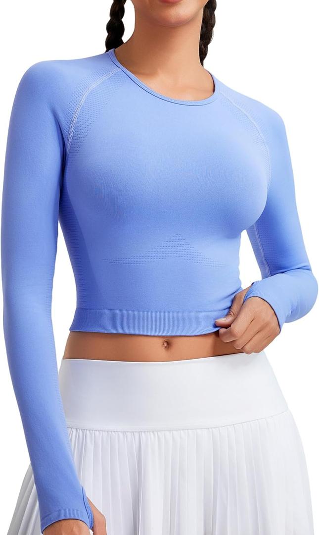RUNNING GIRL Long Sleeve Workout Tops for Women Soft Crew Neck Basic Tight Cropped Top Casual Seamless Shirt (X-Large, A-light Blue)