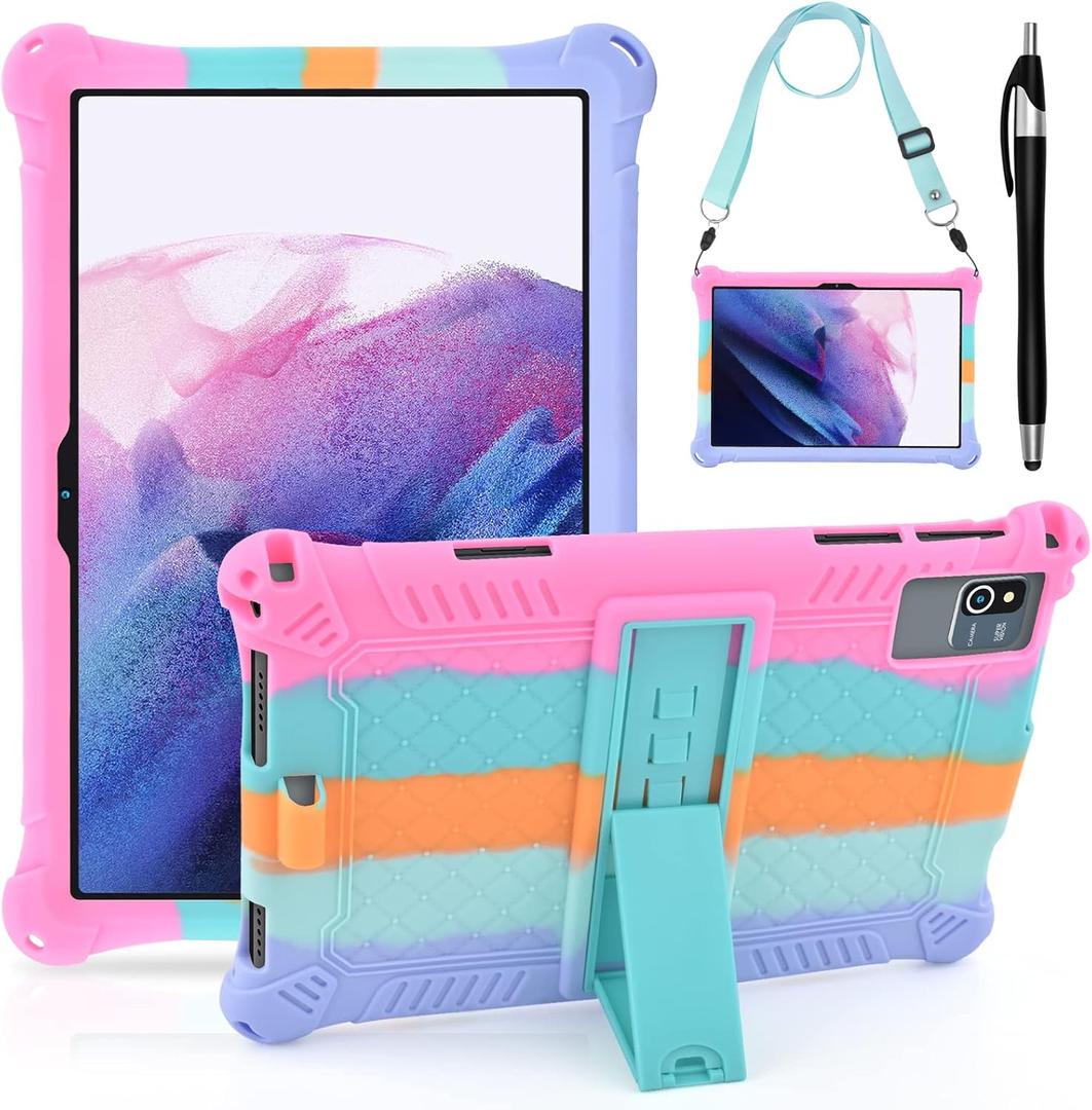 DETUOSI Silicone Case for Okaysea 10.1 inch Tablet with Stylus Pen & Shoulder Strap, Multi-Angle Stand Case, Soft Lightweight Protcetive Cover for QunyiCO 10.1, Moderness MB1001 10.1, Dazzling Pink (Dazzling Pink)