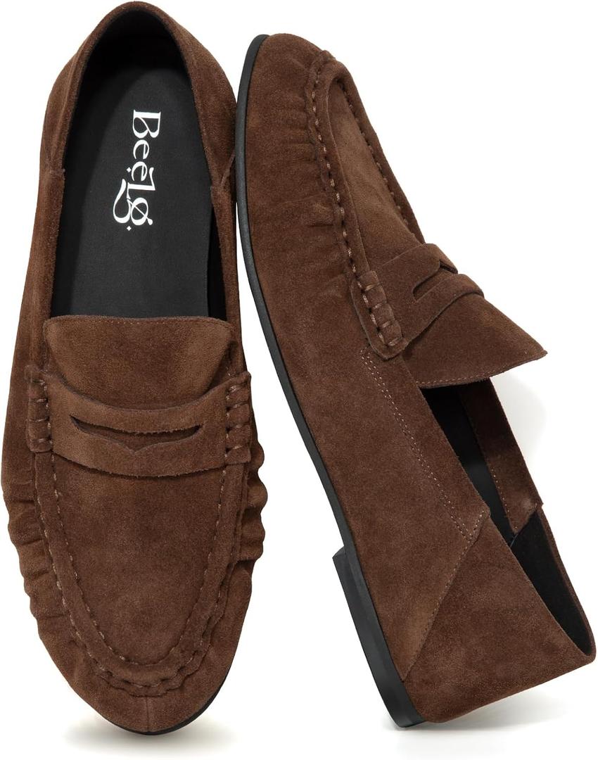 Penny Loafers for Women Suede Flats Shoes Casual Loafer Dressy Vintage Work Business Flat Shoe (8.5)