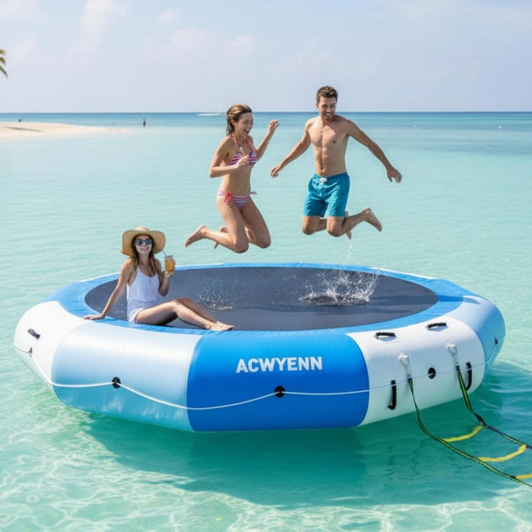 15FT Inflatable Water Trampoline for Lake Without Pump Blue | Floating Water Trampoline with Rope Ladder and Mooring Ropes, 15FT Blue-White