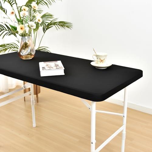 Monibana Fitted Elastic Tablecloths for 4ft Rectangle Tables, Spandex Stretch Folding Table Covers for Home Dining Picnic Party (Black, 24"x48")