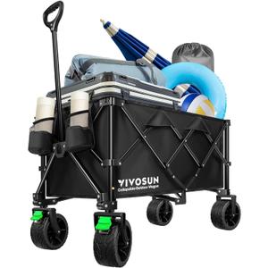 VIVOSUN Collapsible Folding Wagon, Outdoor Utility with Silent All-Terrain Wide Wheels, Adjustable Handle, Cup Holders & Side Pockets, for Camping, Beach, Shopping, Garden, Sports, Picnic, Black