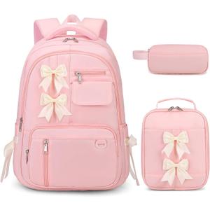 Bevalsa Backpack for Gilrs, Cute School Bags for Kids with Lunch Bag & Pen Case, Bow Bookbag for Girls Children Teens for Elementary Middle High School Student, Back To School Gift (Pink)