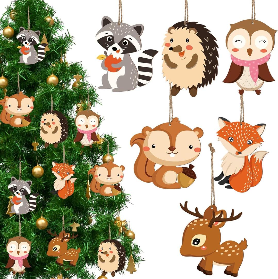 36 Pieces Forest Animal Wooden Ornaments Christmas Animal Wood Hanging Ornaments Woodland Animals Christmas Tree Decorations with Hanging Rope for Christmas Home DIY Crafts Party Supplies, 6 Styles