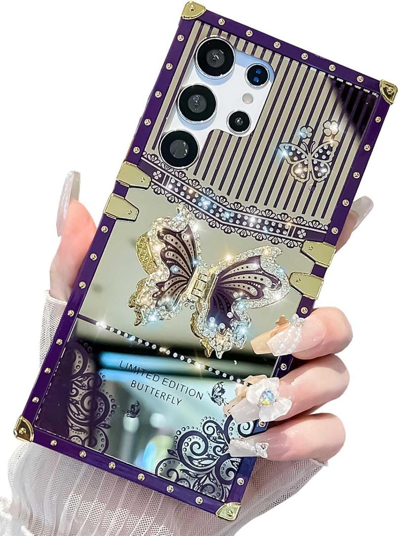 Cute Compatible with Samsung Galaxy S24 Ultra Case, Luxury Bling Butterfly Foldable Stand Kickstand for Women & Girls, Mirror Lace Flexible Shockproof Protective Case (Purple) (Mirror Purple)