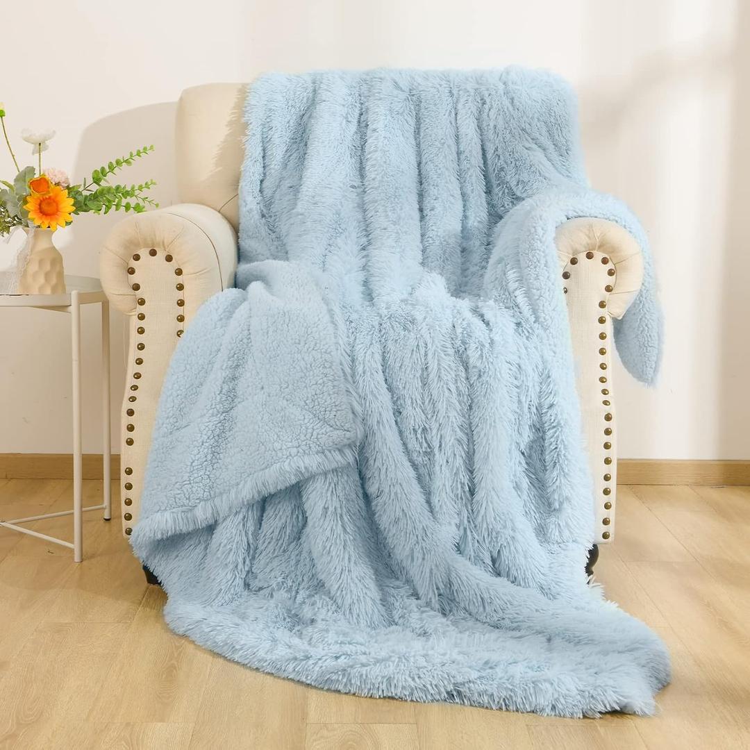 BENRON Light Blue Throw Blankets, Super Soft Shaggy Fuzzy Sherpa Blankets, Cozy Warm Lightweight Fluffy Faux Fur Blankets for Bed Couch Sofa Photo Props Home Decor, Washable 50"x60"