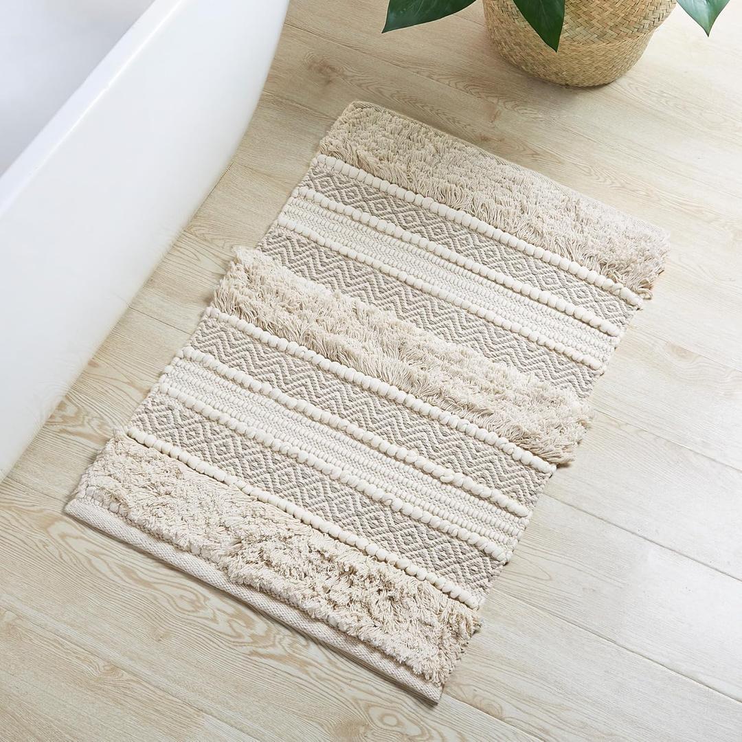 Ink+Ivy Bath Rug Hand-Woven Texture Shaggy Striped Soft & Water Absorbent, Boho Bathroom Décor Bath-Mats, Non-Slip Absorbent Quick Dry Mats for Tub, Shower Room, Asher, 20x32 Natural