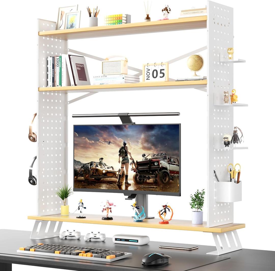 Desktop Organizer Shelf, Large Space Desktop Organizer Shelf for Dormitory, Book Shelf, Computer Monitor Storage Stand, White