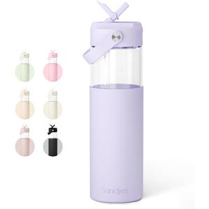 Glass Water Bottle with Silicone Sleeve and Straw Lid 20oz for Girls Women, Glass Drinking Bottles for Travel Home Gym Sports (Amethyst Whisper)