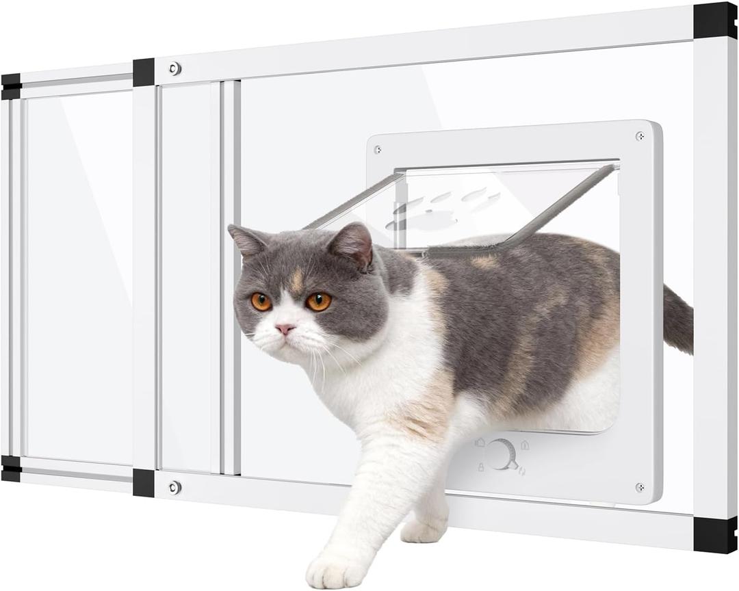 Sliding Cat Door for Window, Fits 22"-28.5" Width Window, 1-Min Install | Aluminum Frame + HD Glass | Weatherproof Design | Magnetic Closure Window Cat Door Insert, Adjustable Pet Door Window for Cats