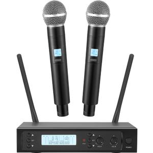 Wireless Microphones System with 2 X 100 Channels Cordless Handheld Microphone, 328 FT UHF Range, Mics with Stable Signal Transmission for Karaoke Singing Party Church Wedding PA Speaker