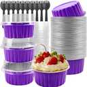 50 Pack 5oz Round Disposable Aluminum Foil Baking Cups, Mini Cake Pans with Lids, Muffin Tin Ramekins for Weddings & Parties-Purple