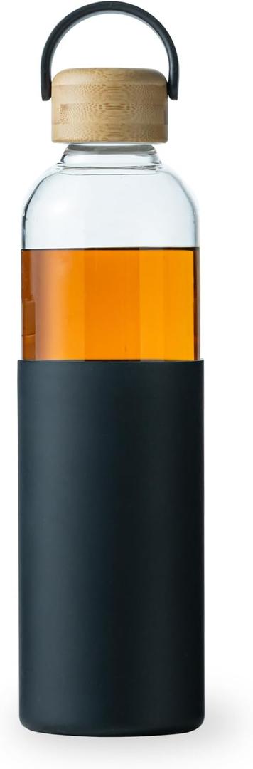 34oz Glass Water Bottles with Silicone Sleeve, BPA Free Water Bottle Glass with Leak-Proof Lid, Reusable Water Bottle for Hot & Cold, Ideal for Hiking Travel Gym office (Black)