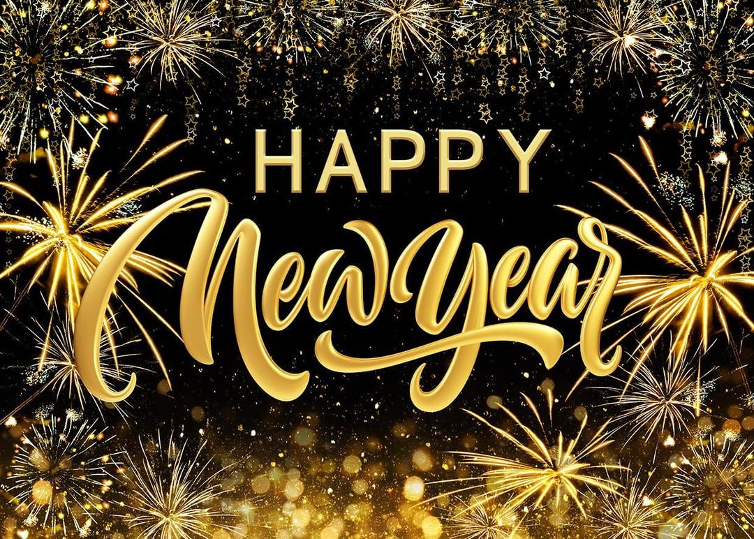 LYCGS 10x8ft Happy New Year Backdrop Black and Gold New Year Photo Backdrop Banner X-319
