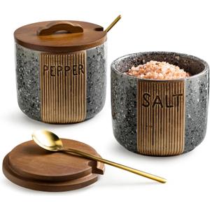 Salt and Pepper Bowl Ceramic, 10 Oz Salt Containers for Countertop Salt Cellar with Wooden Lid and Spoons, Salt and Pepper Set Marble Design, Gray