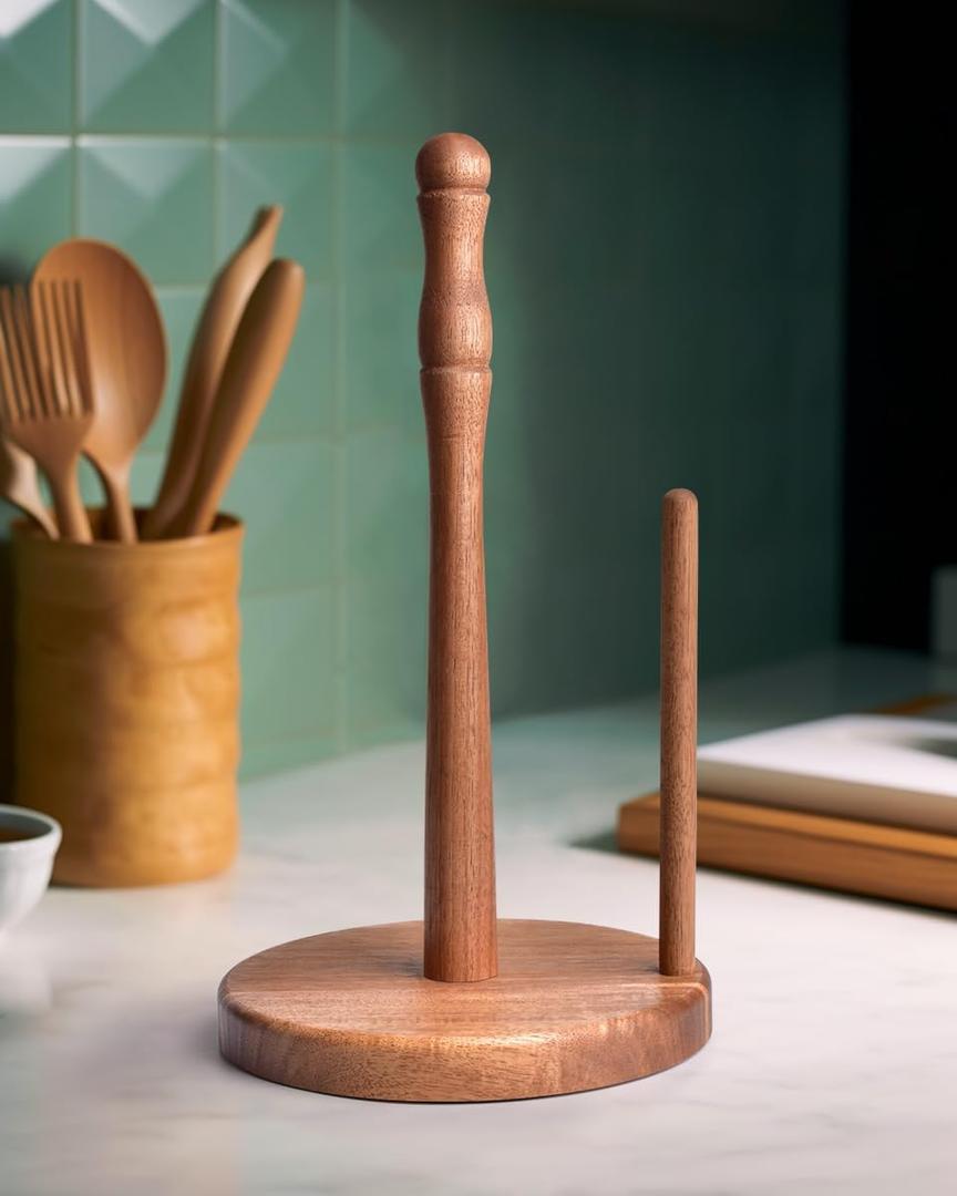 Farmhouse Acacia Wood Paper Towel Holder Countertop, Weighted Base for Kitchen & Bathroom, One-Handed Operation, EPTH, Wooden Standing Towel Roll Organizer, for Standard & Jumbo Rolls (Large)