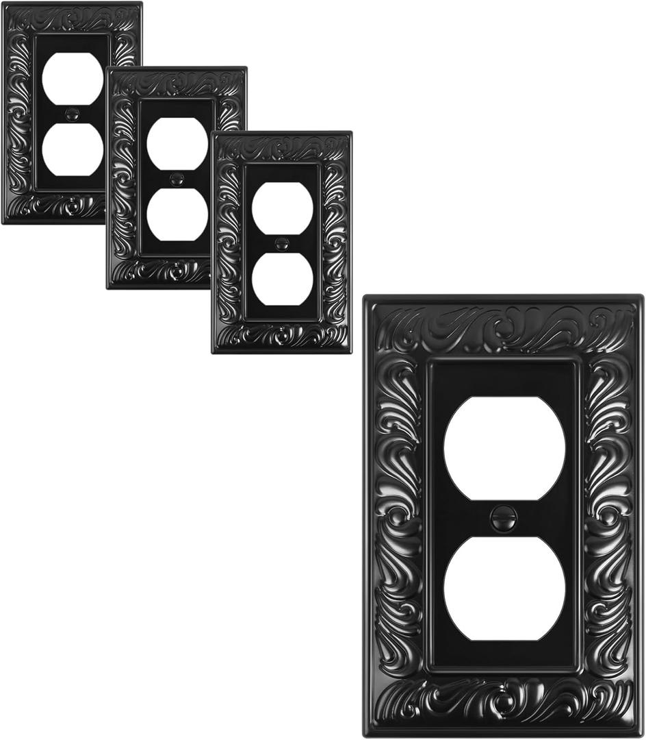 4-Pack Duplex Outlet Cover Plate, Paisley Pattern Decorative Metal Wall Plates for Electrical Outlets, 1 Gang Receptacle Cover, Black Switch Plates and Outlet Covers