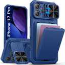 SSLOTSCASE for iPhone 17 Pro Case with Stand & Credit Card Holder & Sliding Camera Cover & Camera Stand & Wallet, Rugged Silicone Edge Protective Phone Case Cover for iPhone 17 Pro 6.3'' 5G 2025, Blue