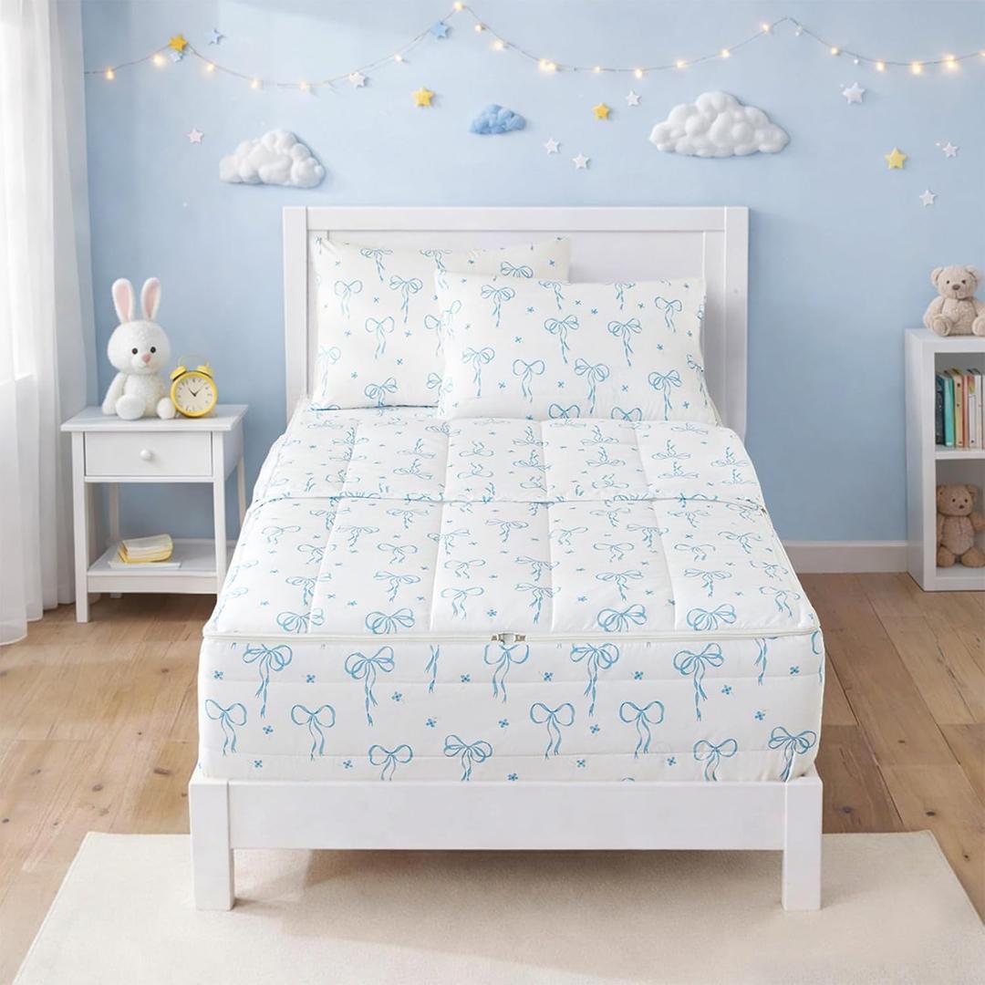Bow Zipper Bedding Twin for Girls, Bed in a Bag, Comforter Set White - Light Blue Bow Quilt with All-in-One Zipper Design, Cute Bow Quilt Set for Girls & Boys