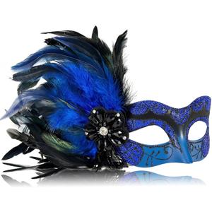 MYSEUNI 2025 New Blue and Black Masquerade Mask for Women with Feathers - Womens Mascarade Venetian Mask for Masquerade Party, Mardi Gras, Halloween Cosplay Prom, Christmas