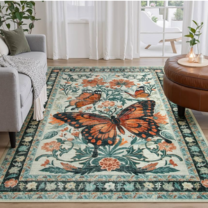 Wonnitar Butterfly Insect Print Machine Washable Rug 5x7, Ultra-Thin Soft Rug for Bedroom, Boho Non Slip Non-Shedding Carpet for Living Room Playroom Nursery (5'x7',Beige/Green)