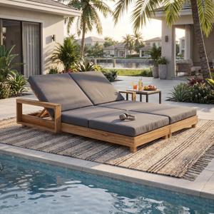 Christopher Knight Home Mari Acacia Wood Chaise Lounge Chair Outdoor, Spacious Double Outdoor Chaise Lounge With 3-Fold Cushions, 4 Position Adjustable Backrest Pool Lounger, Light Natural + Dark Grey, 76.77 x 60.63 x 34.9 inches