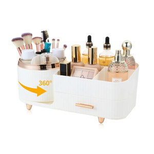 Makeup Organizer Countertop with Drawer 360 Rotating Brush Holder Storage Large Capacity Skincare Cosmetic Display Cases for Vanity Bathroom Desktop, Model 3016 White