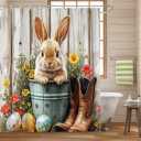 Easter Bunny Shower Curtain Farmhouse 72x72 Inch Funny Spring Cute Rabbits Eggs Western Boots Flower Floral Rustic Wooden Bath Curtain, Bath Decor Waterproof Fabric Bathtub Curtains 12 Hooks