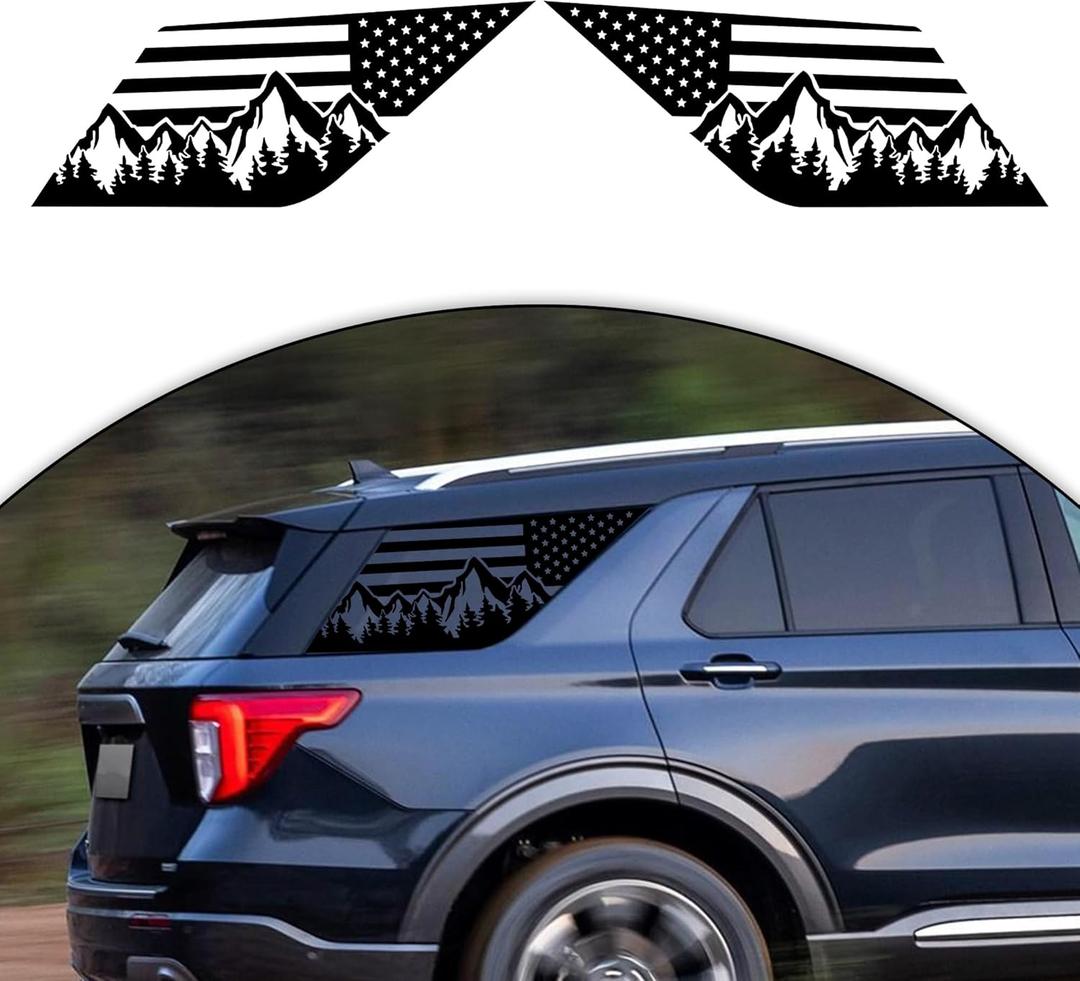 Zhizhong Rear Side Quarter Window Decals for Ford Explorer 2020-2022 2023 2024, Precut Matte Black American USA Flag Mountain Tree Back Side Window Sticker