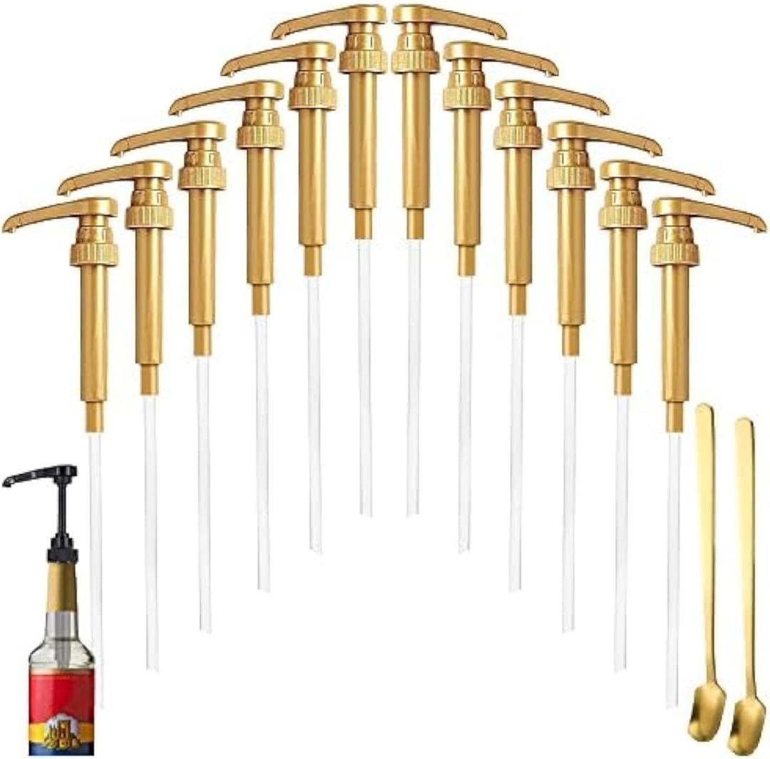 12 Pcs Syrup Pumps Dispenser, Compatible with 25.4 Oz/750ml Bottles, Great for Home & Coffee Bar Drinking Mixes, Tea, Beverage, Cocktails, Plus Spoons(Gold 5.23")