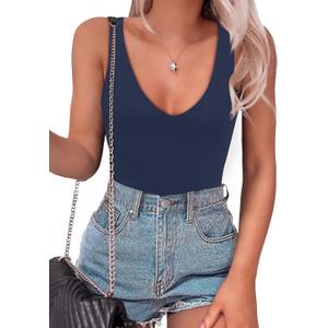 SAUNGKUAI Womens Bodysuit Sexy Plunge Deep V Neck Backless Sleeveless Tank Thong Body Suits Outfits for Going Out (Large),  A-navy Blue