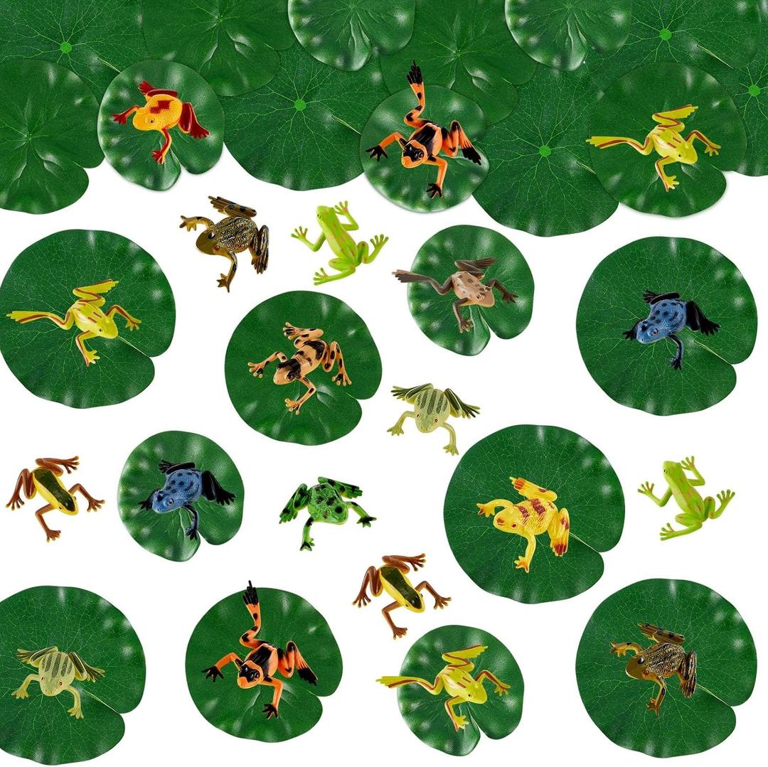 Hungdao 48 Pieces Mini Plastic Frog Toys  Artificial Lily Pads, Include Colorful Realistic Frogs Rainforest Animals Pond Toys  Floating Foam Leaves for Kids Sensory Bin Water Table Pool Cake Decor