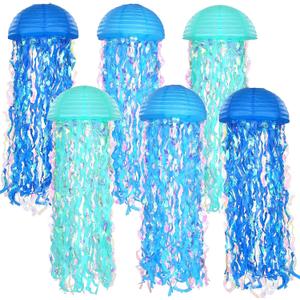 LIHAO 6 Packs Jellyfish Paper Lanterns, Gradient Colorful Paper Lanterns, Blue Hanging Lanterns for Mermaid Theme Party Under The Sea Ocean Birthday Decorations Baby Shower Baby Room