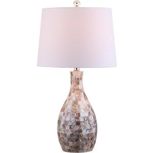JONATHAN Y 26.5" Ivory Beige Mosaic Seashell LED Table Lamp for Living Room Bedroom Nightstand, Coastal Capiz Shell Base with White Linen Drum Shade, LED Bulb Included JYL1054A