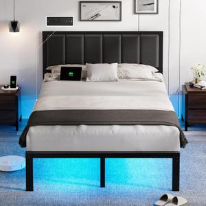 OLEVS Full Bed Frame with Headboard Metal Platform Bed Full Size with USB Charging Station and LED Lights, No Box Spring Needed