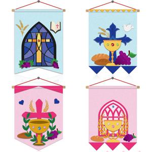 Qyeahkj 4 Sets First Communion Banner Kit for Boys Girls DIY Felt 1st Holy Communion Decorations Holy Communion Grapes Flag Crafts Church Sunday School Crafts Supplies Accessories Pew Decoration
