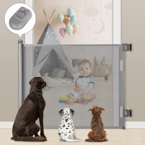 Retractable Baby Gate, Extra Wide Safety Kids or Pets Gate, 33 Tall, Extends to 55 Wide, Mesh Safety Dog Gate for Stairs, Indoor, Outdoor, Doorways, Hallways, Easy to Wipe(Grey)
